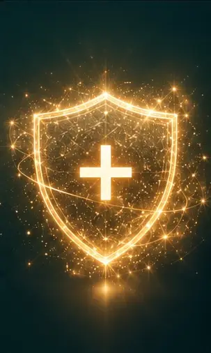 Glowing golden shield with a medical cross, representing protection, immunity, and wellness.