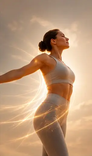 Woman in activewear stretching outdoors in warm sunlight, representing energy and wellness