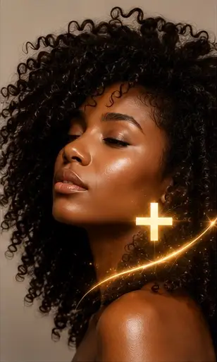 Woman with curly hair and glowing skin posing beside a medical cross symbol.