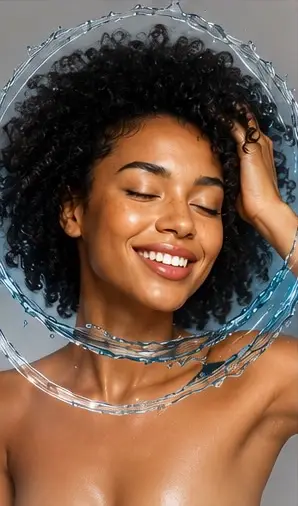 Smiling woman with curly hair and glowing skin surrounded by a water splash, representing hydration and beauty wellness.